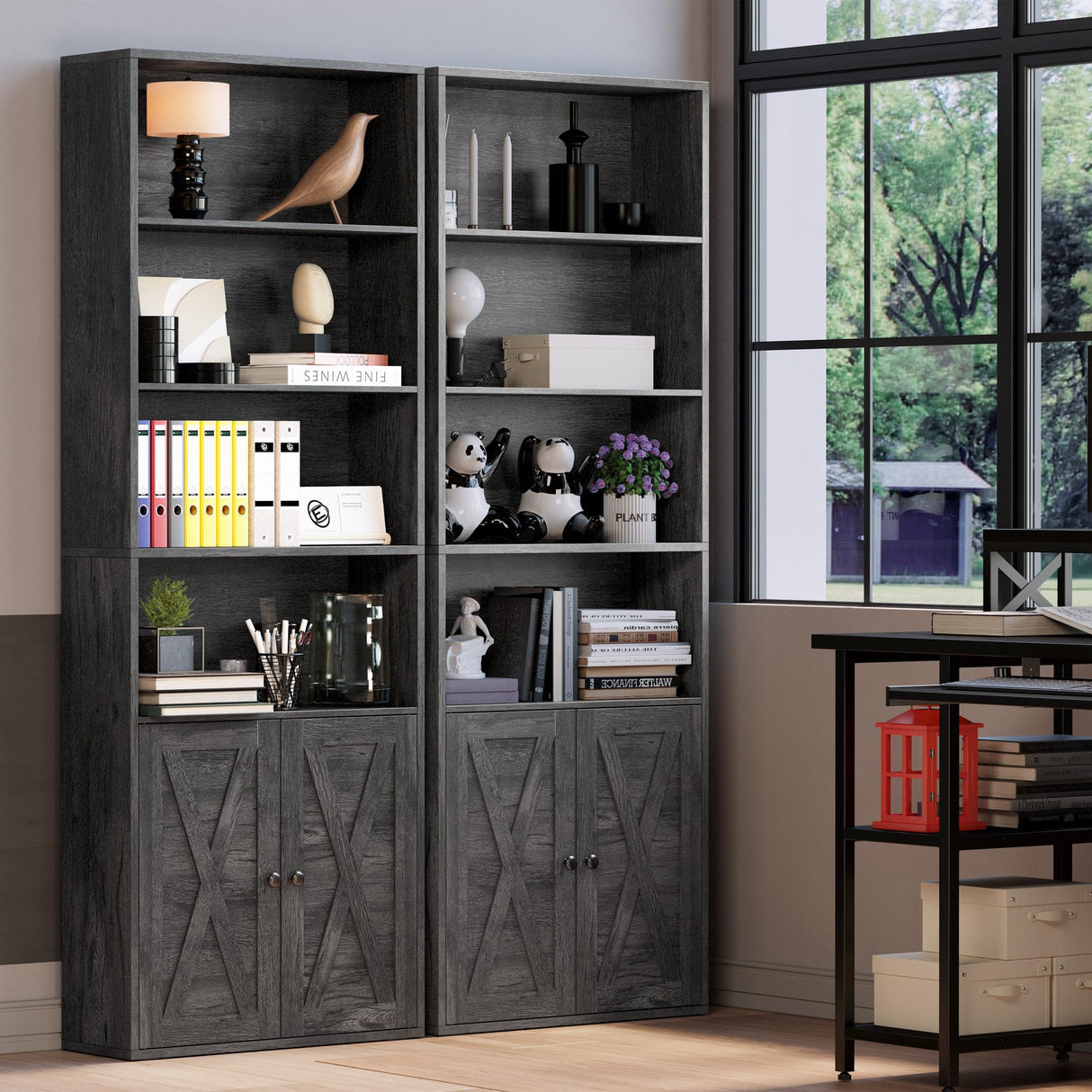 IRONCK 6-Tier Industrial Bookcase with Doors – Charcoal Grey Floor Standing Shelves for Home Office and Living Room IRONCK