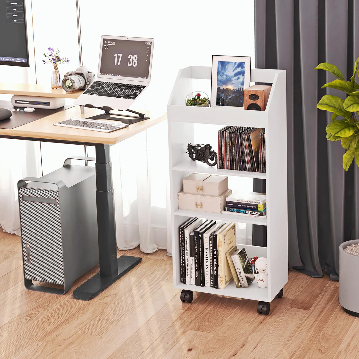 HAYOFAMY 4-Tier Mobile Bookshelf, White Bookcase with Wheels, Rolling File Holder Desk File Book Organizer for Home Office Living Room School HAYOFAMY