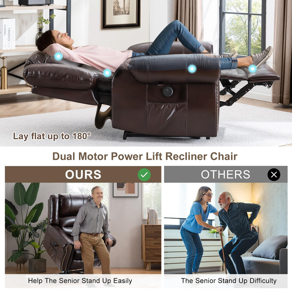 CDCASA Dual Motor Lay Flat Lift Chairs Recliners for Elderly with Massage and Heat, Breathable Leather Infinite Position Large Sleeping Electric Power Lift Chair Recliner for Seniors, Brown CDCASA