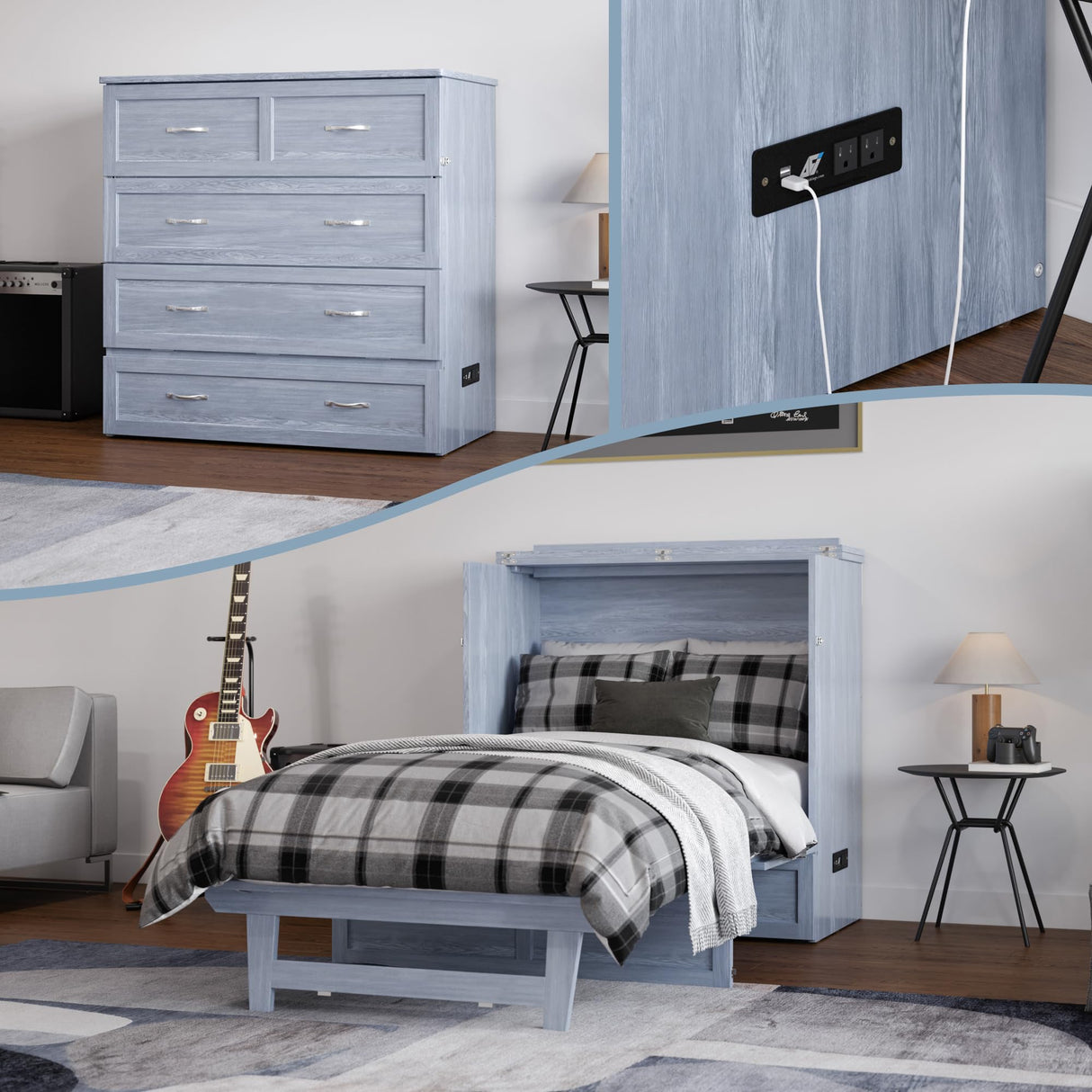 AFI, Northfield Murphy Bed Chest Twin XL with 6" Mattress, Storage Drawer & Built-in USB Charger, Driftwood AFI