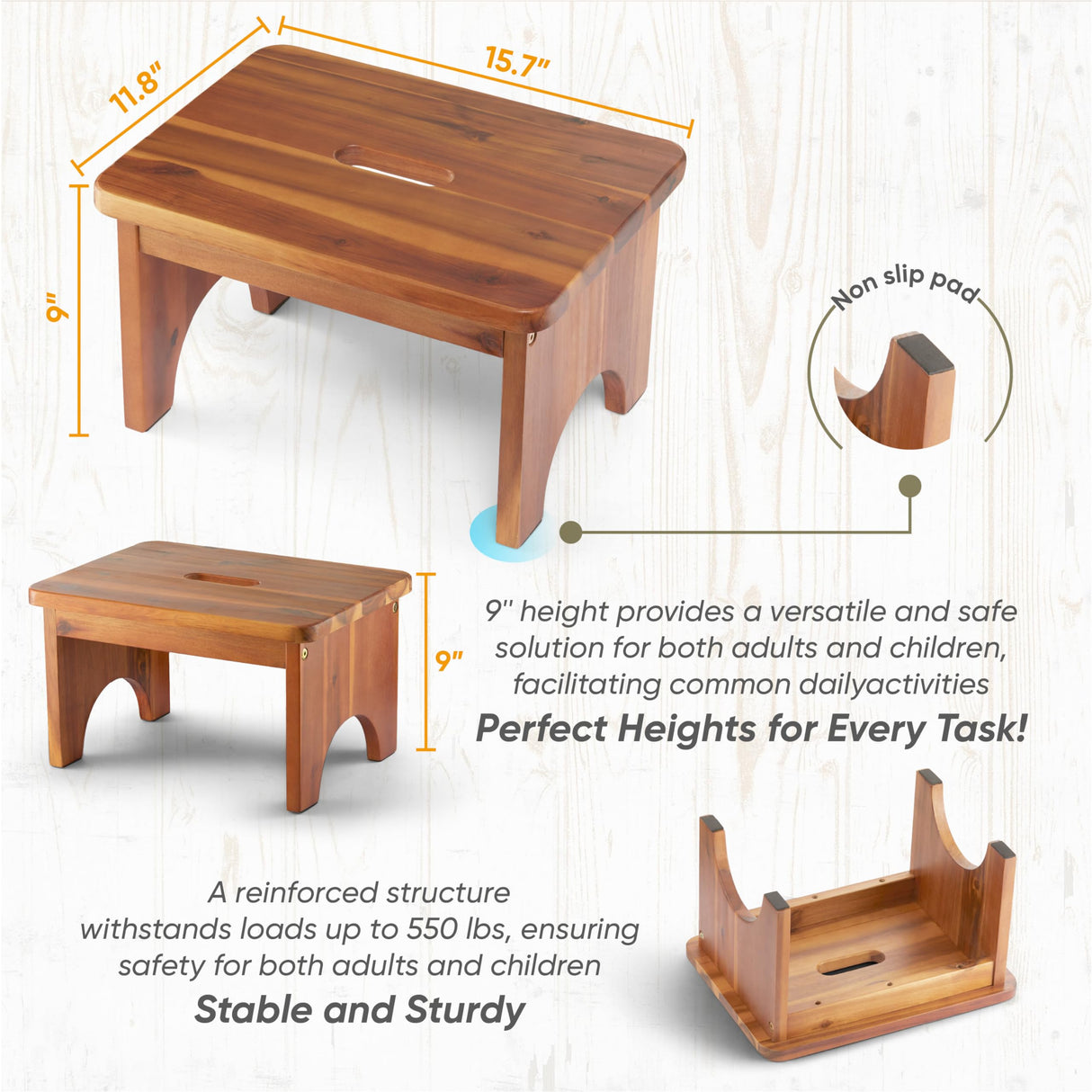 Wooden Step Stool, 9'' One Step Stool for Adults, Wooden Beside Step Stool with 550 Lbs Load Capacity, Heavy Duty/Portable/Nonslip/Durable Construction Safe Step Stool for Bedroom/Kitchen FANATU