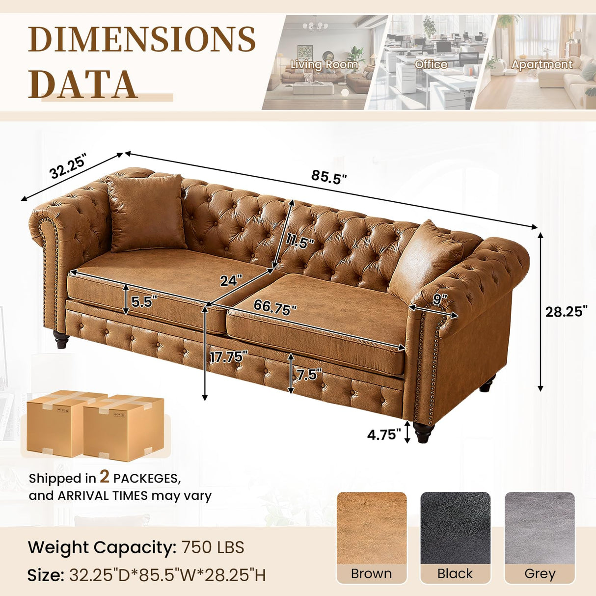 Mid Century Modern Couch, 85.5"W High-tech Fabric Button Tufted Oversized Loveseat Sofa with Nailhead Trim & Roll Armrests, Deep Seat Comfy Chesterfield Sofa for Living Room, Office(3 Seater, Brown) JEEOHEY