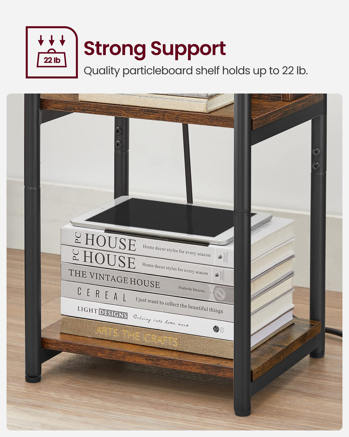 VASAGLE Side Table with Charging Station, 3-Tier End Table with USB Ports and Outlets, Nightstand for Living Room, Bedroom, 11.8 x 13.4 x 22.8 Inches, Plug-in Series, Rustic Brown and Black VASAGLE