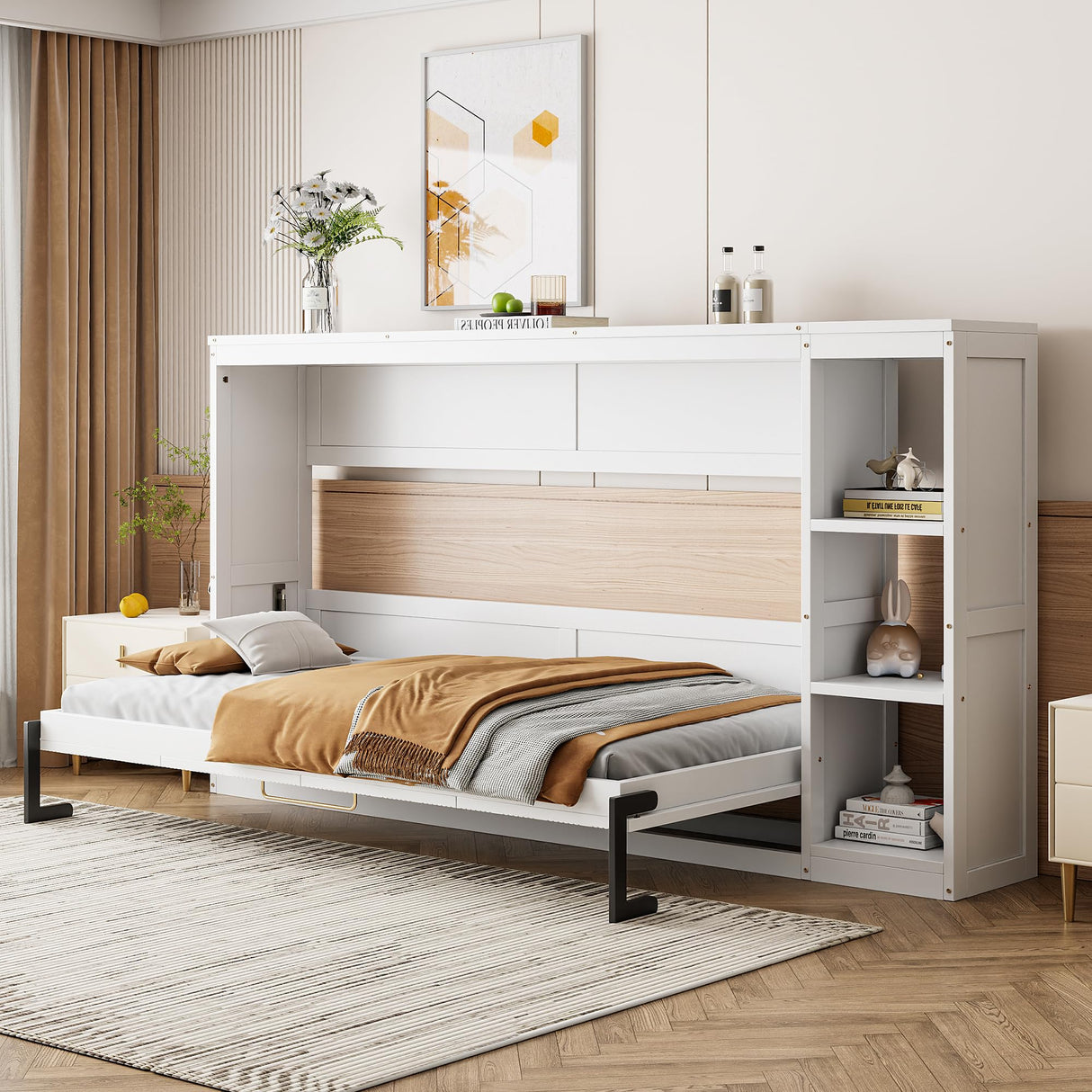 RuiSiSi Horizontal Murphy Bed Twin with Storage, Hideaway Wall Bed with Bookcase, can be Folded into a Cabinet, Twin Murphy Bed Cabinet Space-Saving for Guest Room Bedroom Office, White RuiSiSi