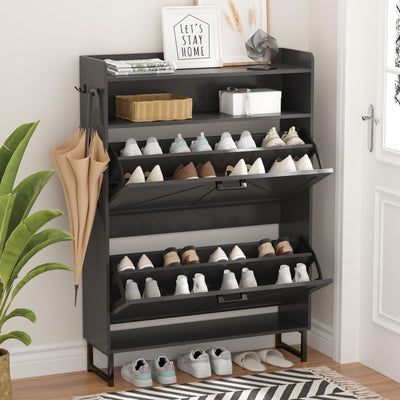 Shoe Cabinet with 2 Flip Drawers, Freestanding Hidden Shoe Storage Organizer for Entryway, Narrow Slim Shoe Rack Cabinet with Open Storage & Hooks for Front Door Entrance, Living Room, Hallway, Black