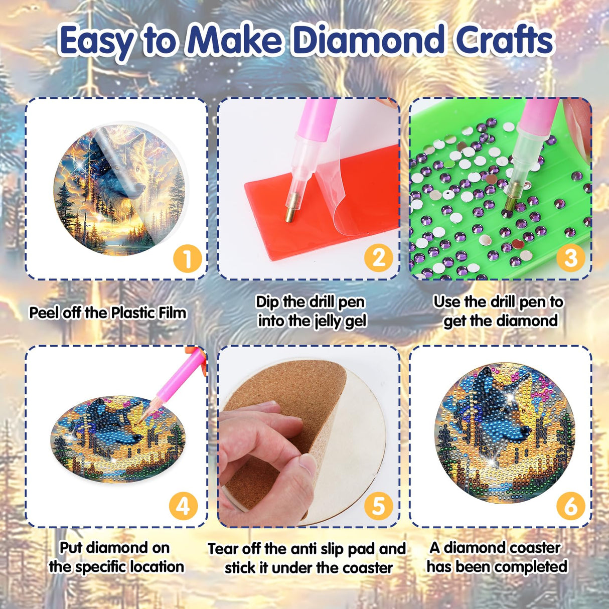 Sitsink Wolf Diamond Art Coasters - 8 Pcs DIY Wolf Eagle Deer Forest Landscape Adult Diamond Painting Coasters Kits with Holder for Adults Men Women Beginners Aniaml Lover Gift Crafts Supplies Sitsink