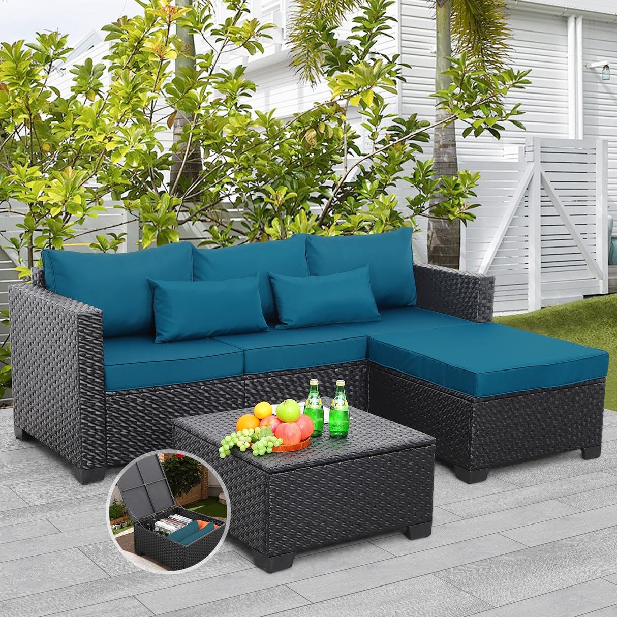 Rattaner Outdoor Furniture Set 3 Pieces Wicker Patio Furniture Outdoor Sectional Patio Couch Outdoor Coffee Table with Storage All-Weather No-slip Cushions Waterproof Covers, Peacock Blue Rattaner