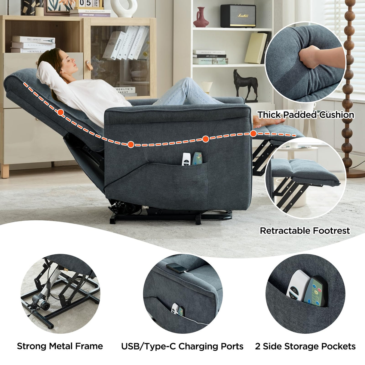 MANBUR Power Lift Recliner with Vibration and Lumbar Heat, Electric Power Lift Chair Recliner Chair, Home Theater Seating RV Recliner Living Room Chair with Side Pockets, LED Light, USB Port(Blue) MANBUR