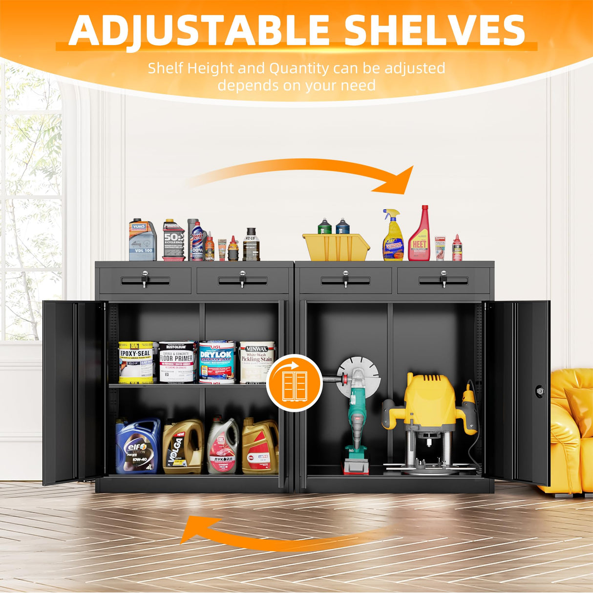 INTERGREAT Metal Storage Cabinet with 2 Drawers, 42β Black Steel Garage Storage Cabinet with 2 Doors and Adjustable Shelves, Office Storage Cabinet with Lock for School, Home INTERGREAT