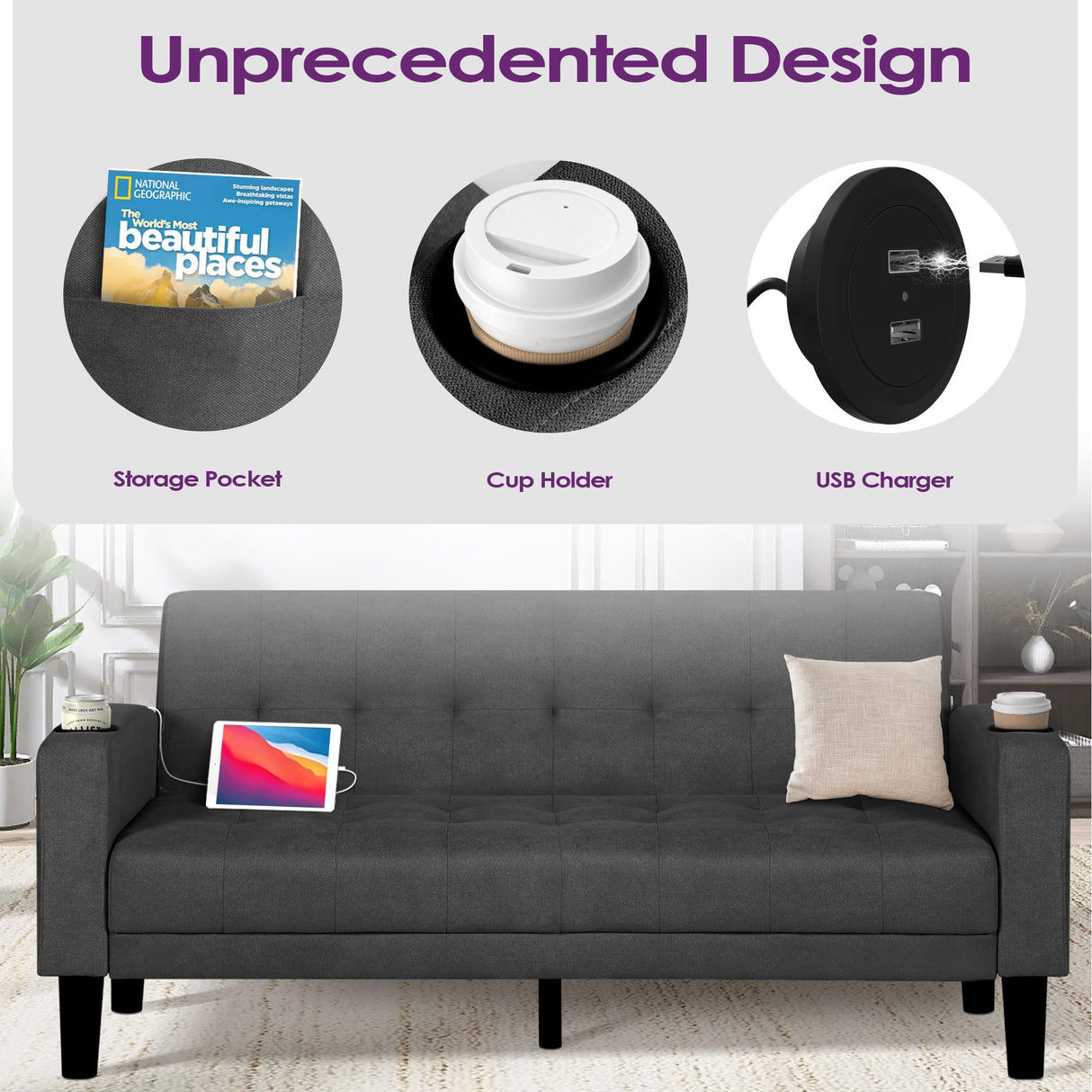 TYBOATLE Sofa Couch, Living Room Furniture Sectional Sofa Sets of 3 Pcs, Tufted Mid-Century Loveseat w/USB, Cupholders & Comfy Single Sofa for Small Space, Apartment, Office (Dark Grey) TYBOATLE