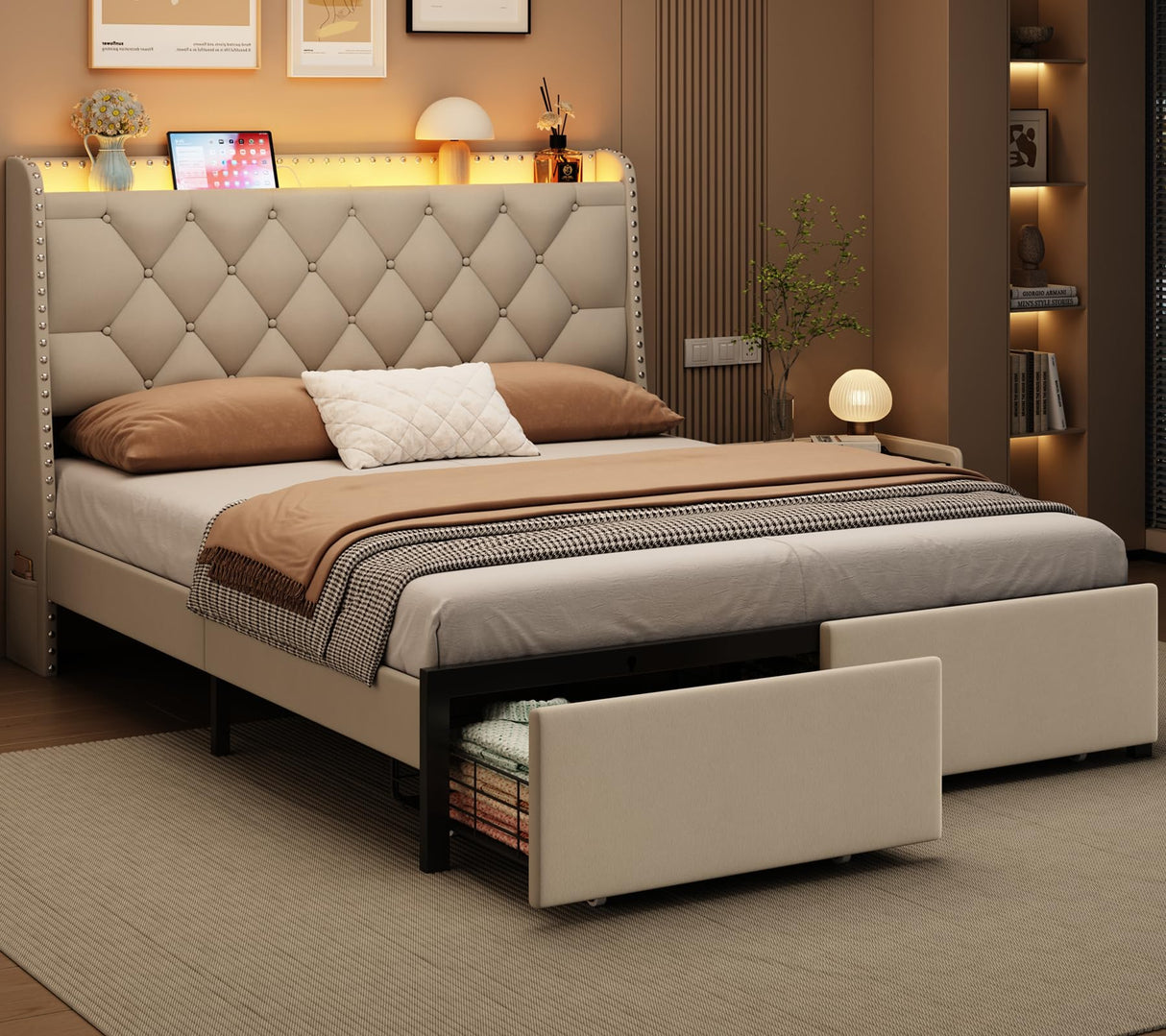 Etditrnp Full Bed Frame with Storage Drawers, LED Bed Frame with Charging Station, Velvet Button Tufted Upholstered Headboard, Wood Slats Support Noise-Free, No Box Spring Needed, Beige Etditrnp