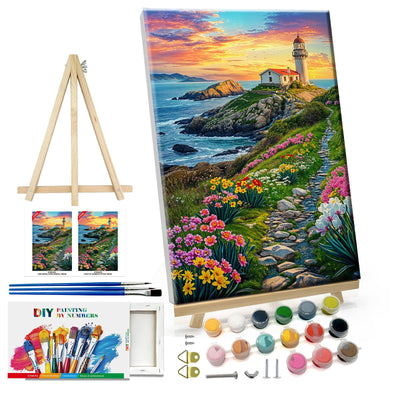 ATDMS Landscape Paint by Numbers Kit for Adults with Frame,Lighthouse Paint by Number with Easel DIY Seaside Sunset Adult Paint by Number Kits on Canvas Framed for Home Wall Decor 8 x 12 Inch