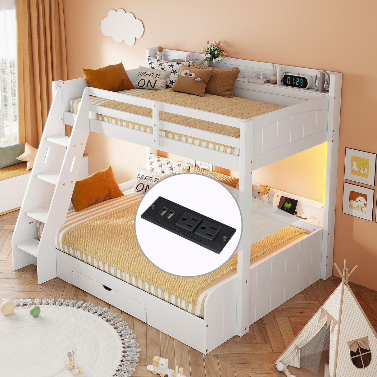 RUNNA Twin Over Full Bunk Bed with Storage Shelves, LED, Charging Station and a Drawer, Solid Wood Bunk Bed for Kids, Teens, Adults (White/LED) RUNNA