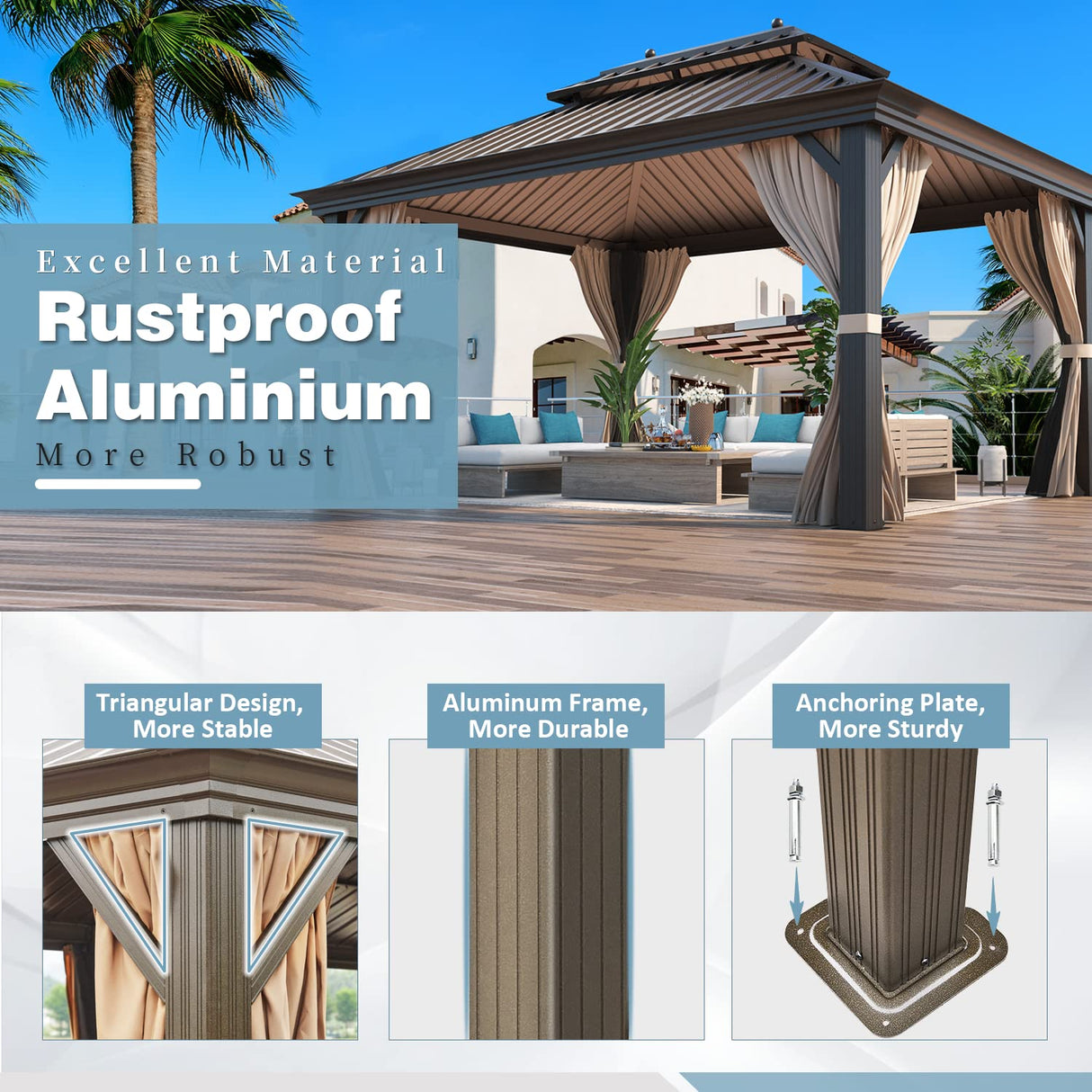 MELLCOM 12' x 16' Hardtop Gazebo, Galvanized Steel Metal Double Roof Aluminum Gazebo with Curtains and Netting, Brown Permanent Pavilion Gazebo with Frame for Patios, Gardens, Lawns MELLCOM