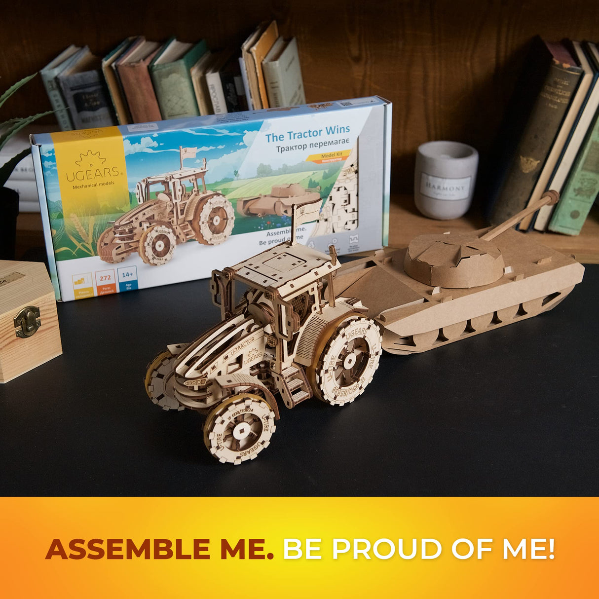 UGEARS The Tractor Wins Model Kits - Spring - Driven Model Tractor Kits to Build with Folding Paper Tank - 3D Wooden Tractor Model Kit for Self - Assembly - Mechanical 3D Puzzles for Adults and Kids UGEARS