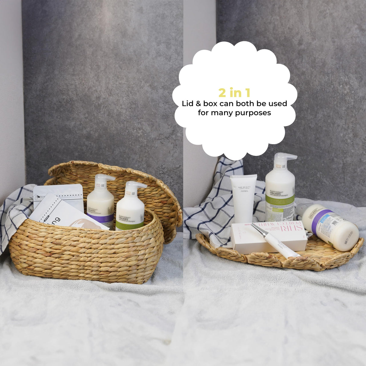 LUSYDECO Set of 2 Hand Round Wicker Storage Baskets with Lid, Rattan Basket Decorative Boxes, Woven Storage Box Hyacinth Basket with Lids, Scalloped Edge Wicker Basket with Lid LUSYDECO