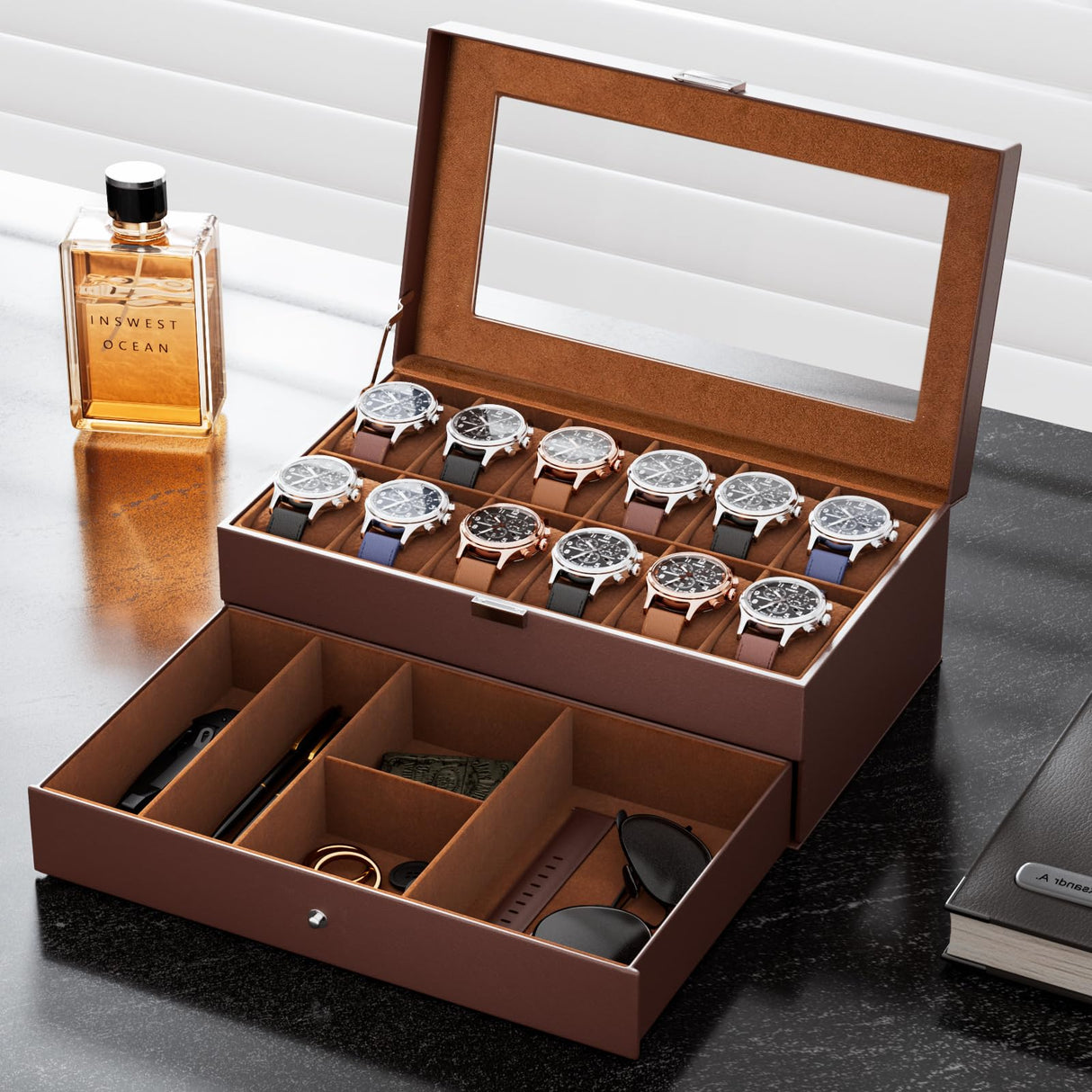 ProCase Watch Box for Men, 12 Slot Mens Watch Case With Drawer, Watch Display Case With Glass Lid, 2-Layer Watch Holder Organizer, Jewelry and Watch Storage for Men Women -12Slot, Espresso ProCase