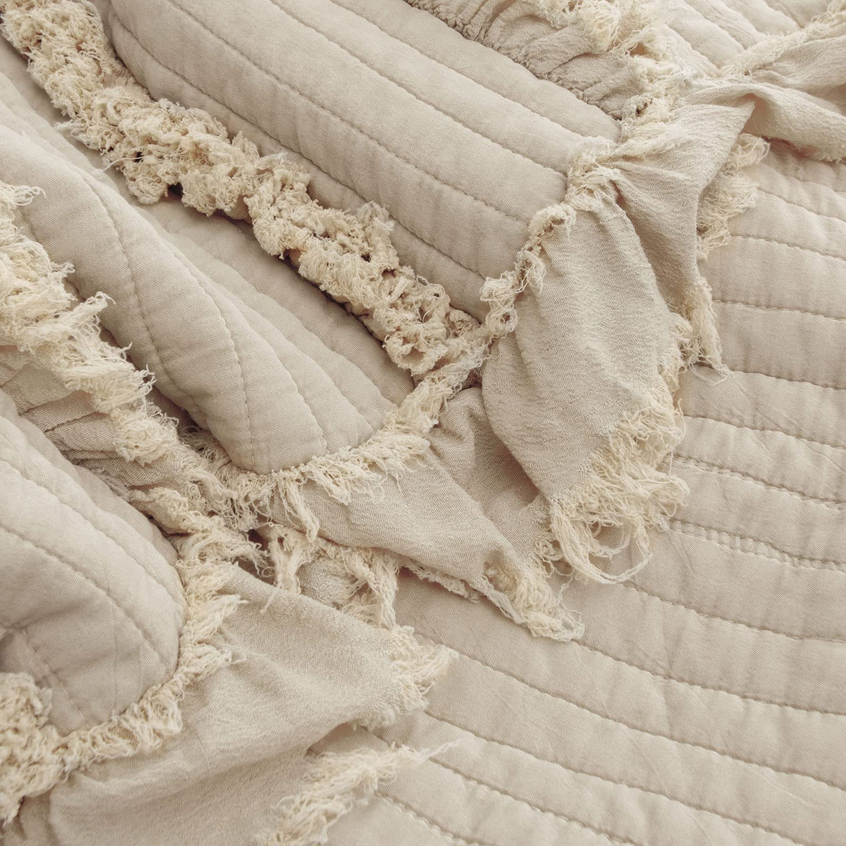 Ultra Soft Pre-Washed Quilted Boho Throw Blanket, Ruffle Fringed Beige Decorative Throw, Stone Washed Chic Rustic Blanket for Sofa Couch Bed Chair, 50"x 60" HORIMOTE HOME