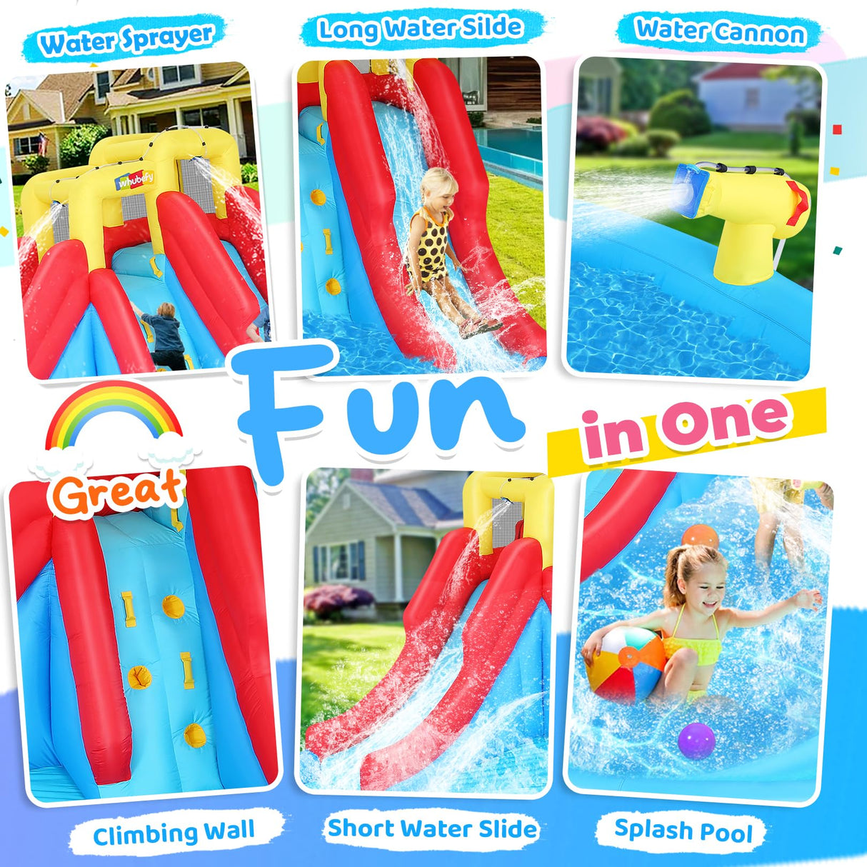 Whubefy Inflatable Water Slide for Kids, 14.5 x 13 FT Water Bounce House for Backyard, Inflatable Water Park for Kids, Waterslide PVC & Oxford Bounce House with Slide, 2 Water Gun & 520W Blower Whubefy