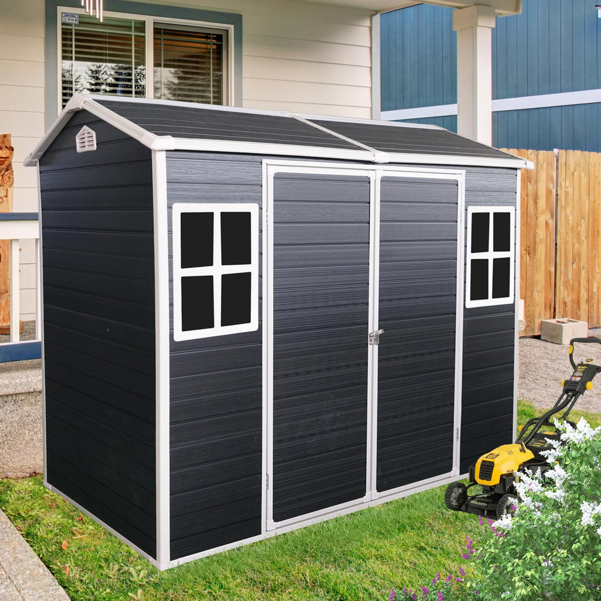 8 x 4 FT Outdoor Storage Shed, Outdoor Resin Shed with Two-Window and Double-Door, Plastic Shed with Floor for Gargen, Patio, Yard, Lawn (Black) Star20XX