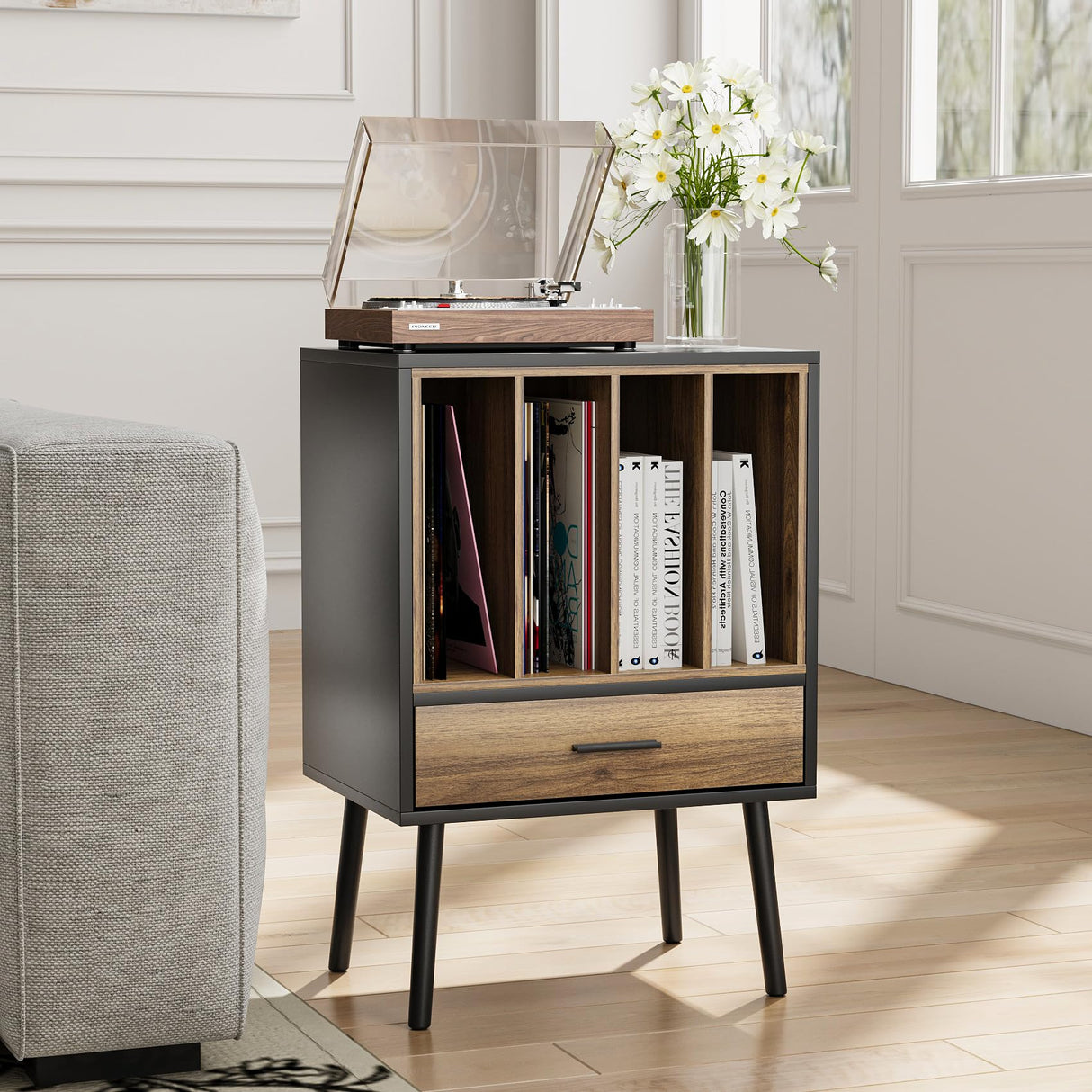 Record Player Stand with Vinyl Record Storage, Turntable Stand with Storage Cabinet Holds up to 180 Albums, Mid-Century Vinyl Holder Storage Shelf for Living Room Bedroom Office Morwdxef