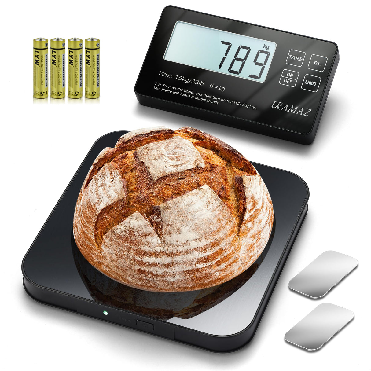 Food Scale with Detachable Display, 33lb Stainless Steel Kitchen Scales Digital Weight Grams and Ounces, Digital Food Scales for Kitchen, Baking Scale for Sourdough Bread Cooking, Weight Loss 1g/0.1oz URAMAZ