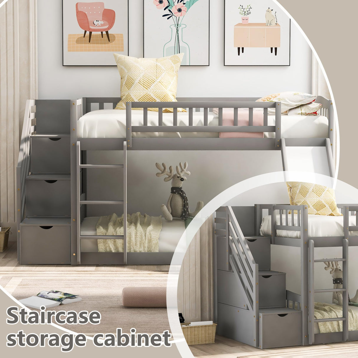 Twin Over Twin Bunk Beds with Slide, Low Bunk Bed Frame with Storage Drawers Stairway Wood Bunk Bed with Slide for Kids Boys Girls, Gray Finish Bellemave