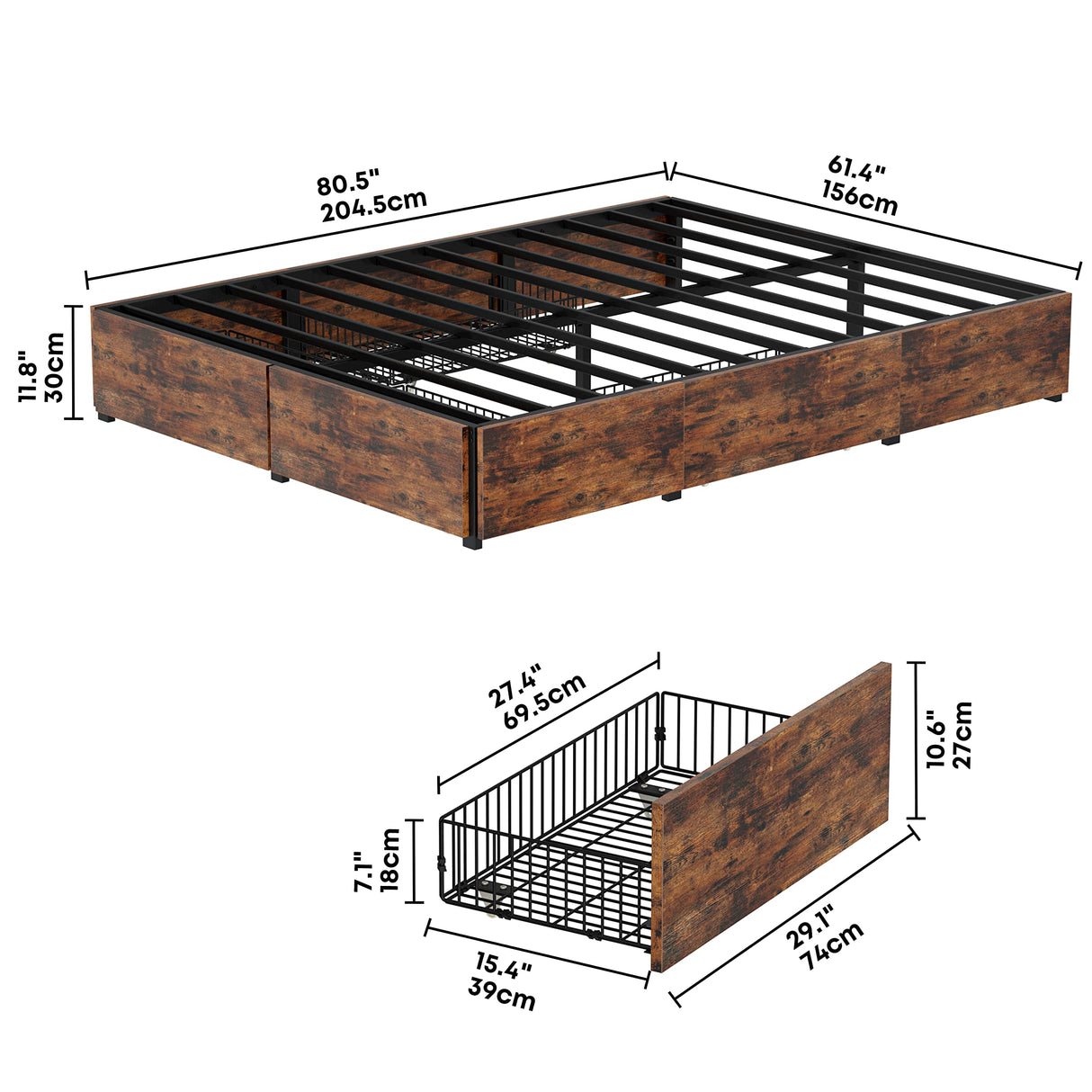 LIKIMIO Heavy-Duty Queen Bed Frame with 4 Storage Drawers – Sturdy, Noise-Free, No Box Spring Required LIKIMIO
