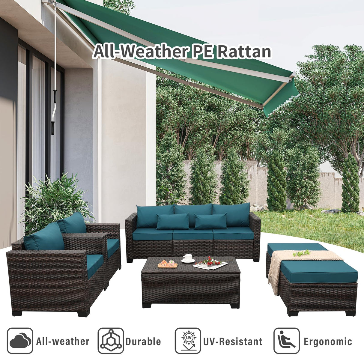 Valita 6 PCS Patio Furniture Set Outdoor Sectional Wicker Conversation Couch Brown Rattan Sofa Chairs with Ottoman Storage Table and Anti-Slip Cushions(Peacock Blue) Valita