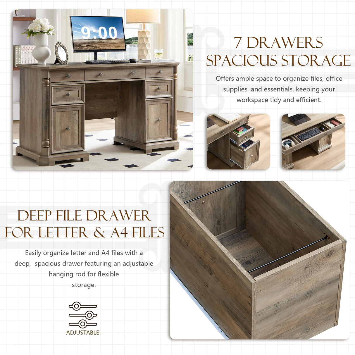 Yechen 55'' Wood Executive Desk with 7 Drawers - Farmhouse Home Office Desks with Power Outlet, Wooden Computer Desk with Roman Columns, Rustic Writing Table for Work & Study, Weathered Reclaimed Oak Yechen