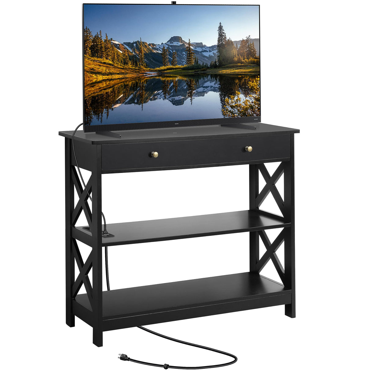 Yaheetech TV Stand with Power Outlet, Entertainment Center with Drawer, 39.5" Media Console Table for TV up to 45 inch with 2 Open Shelves for Bedroom, Living Room, Entryway, Black Yaheetech