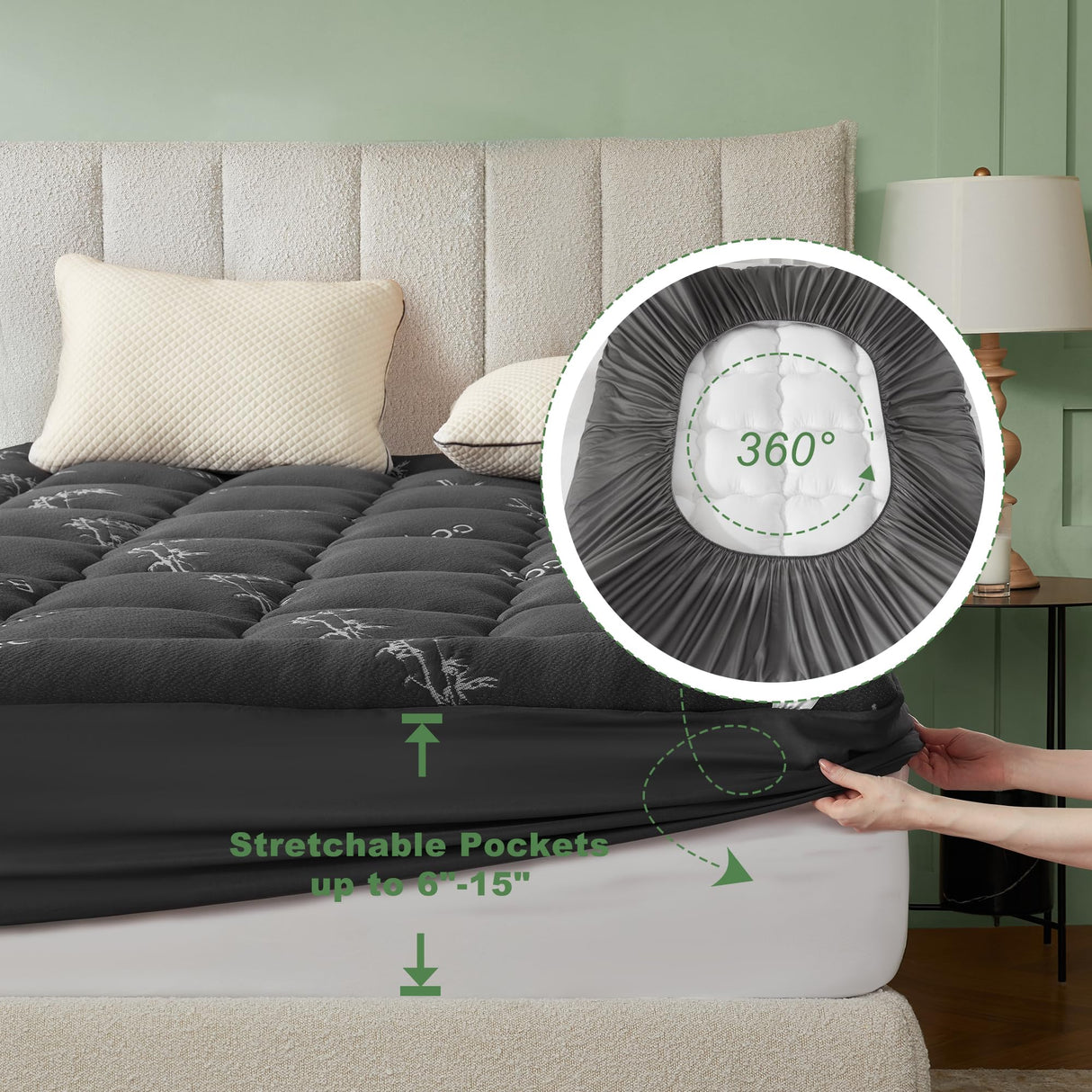 BEDLORE Full Size Mattress Topper Viscose Derived from Bamboo, Thick Pillow Top Mattress Pad with Stretchable Pockets for 6"-15" Mattress, Breathable Mattress Topper for Back Pain Relief(Dark Gray) BEDLORE