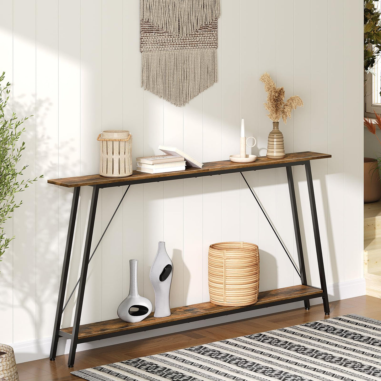YATINEY 63" Console Table, Narrow Long Entryway Table, Industrial Skinny Sofa Tables, 2-Layer Hallway Table for Entryway, Display Table Behind Couch, Rustic Brown and Black CT16BR YATINEY