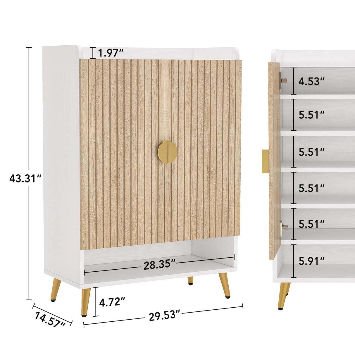 Tribesigns Shoe Cabinet with Doors, 7-Tier Shoe Storage Cabinet with Adjustable Shelves, Wooden Shoes Rack Shoe Storage Organizer for Entryway, Hallway, Closet, Living Room, Wood and Gold Tribesigns