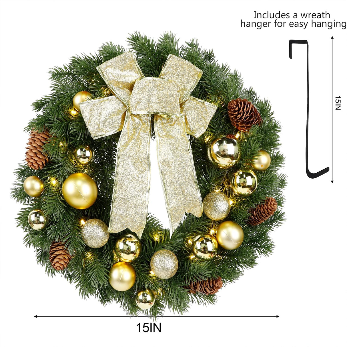Hausse Lighted Christmas Wreath with Metal Hanger, Pre-lit Xmas Wreath with Large Golden Bow & Balls, 8 Modes & Timer, Battery Operated with 40 Lights, for Front Door Gate Wall Xmas Party Decorations Hausse