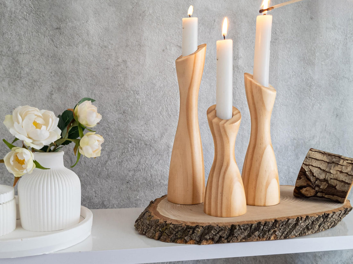 OLEEK Wooden Candlestick Holders Set to Suit Any Style of Decor - Durable & Easy to Clean Wood Candlestick Holders - Set of 3 Wooden Taper Candle Holders - Wood Candle Holder Create A Warm Atmosphere OLEEK