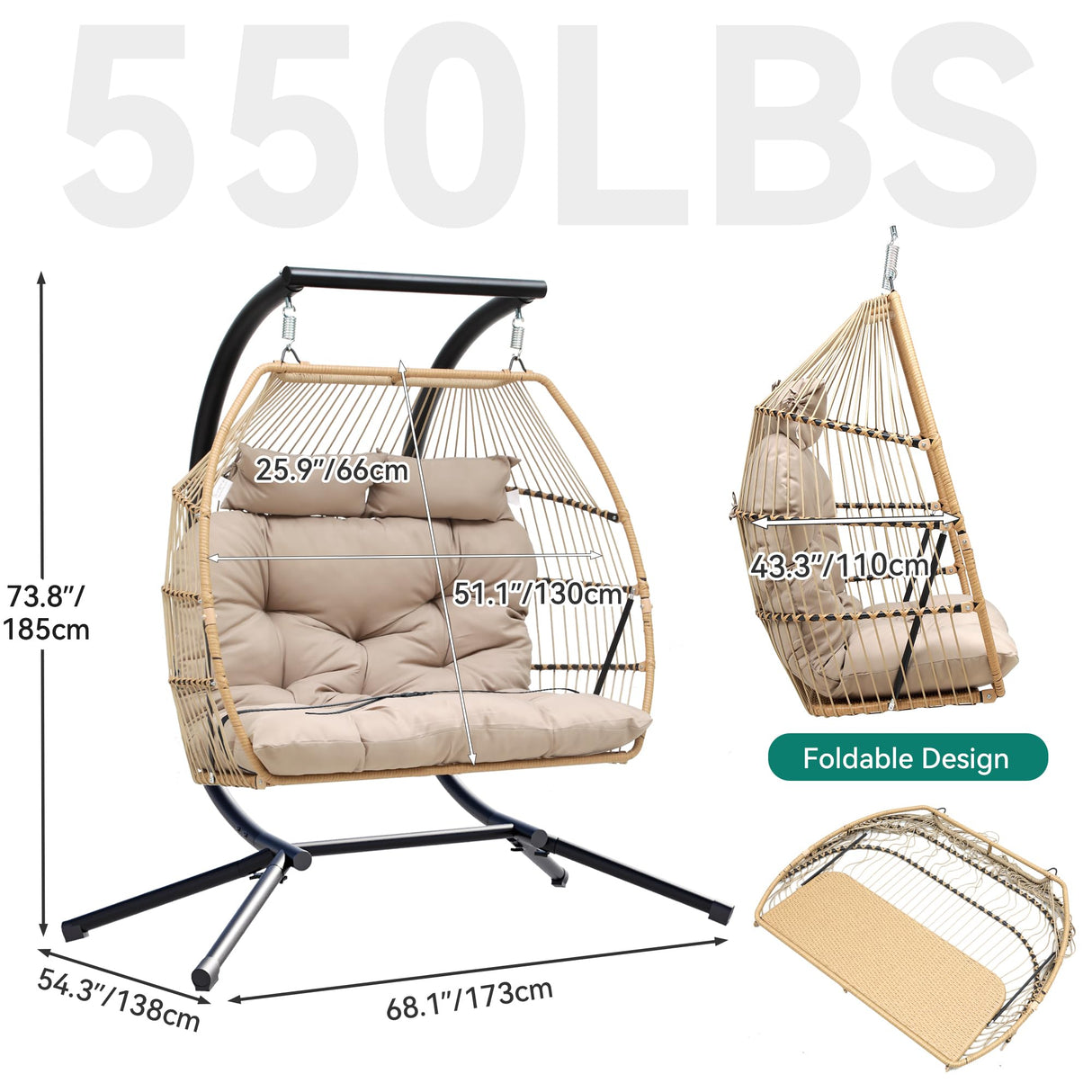 YITAHOME 2 Person Hanging Egg Swing Chair with Stand Egg Chair Wicker Indoor Outdoor Hammock with Cushions 550lbs for Patio, Bedroom, Garden and Balcony, Khaki(Stand Included) YITAHOME