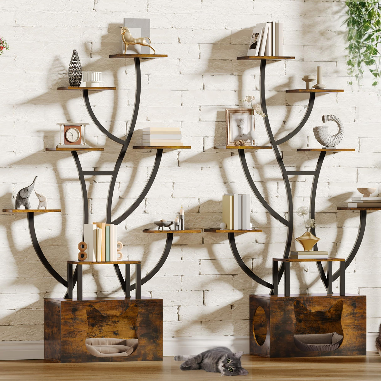 DWVO Tall Bookshelf with LED Light, Artistically Designed Tree Bookshelf with Cats Litter Box, 8-Tier Unique Bookshelves Corner Display Shelf for Home Office, Bedroom DWVO