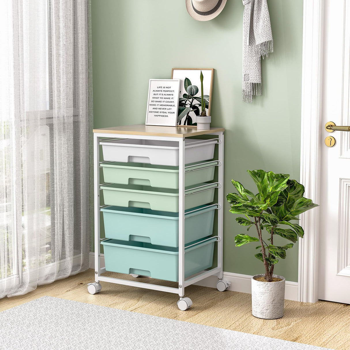 Craft cart,Rolling Cart with Drawers,Storage Cart with 5 Drawers and Wooden Tabletop for Under Desk Organizers and Storage,Green SYKIARIOL