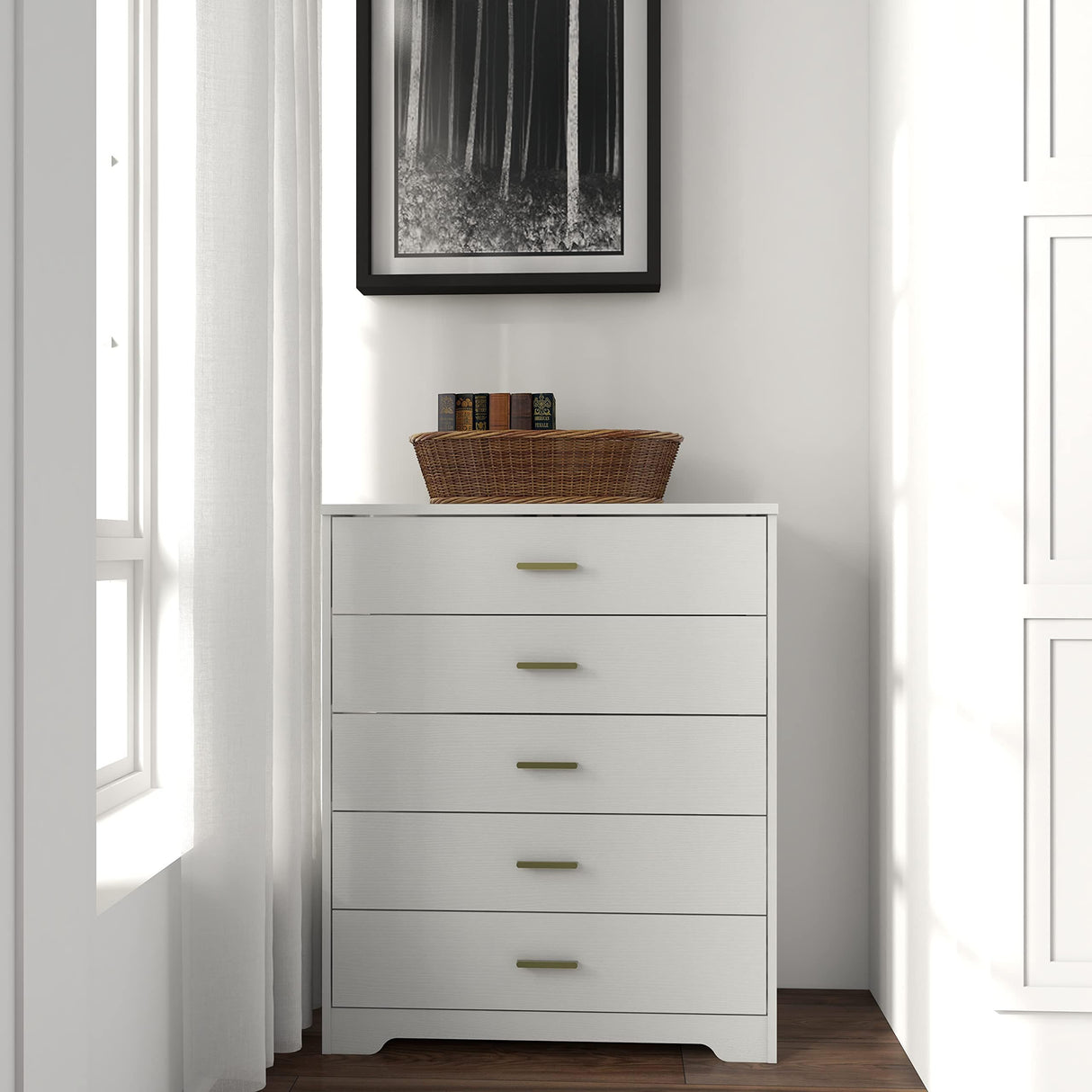 Panana Dresser for Bedroom with 4/5 Drawers, Wooden Chest of Drawers, Storage Organizer Unit Dressers for Bedroom, Living Room, Hallway, Nursery (White, 5 Drawer) Panana