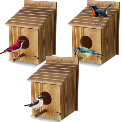 Tradder 3 Pcs Wood Bird Houses for Outside with Pole Hanging Bluebird House Wooden Birdhouse for Outdoor Small Bird Nest Box for Finch, Bluebird, Hummingbird, Parakeet Garden Perch House