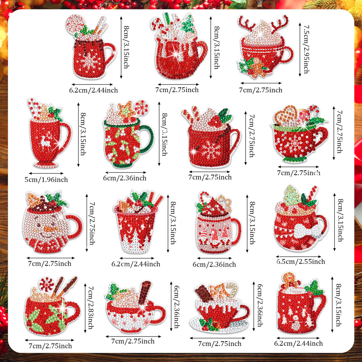 BBTO 15 Pieces Christmas Diamond Painting Keychain Ornaments 5D DIY Hot Cocoa Art for Kids Crafts Family Decor (Cute) BBTO