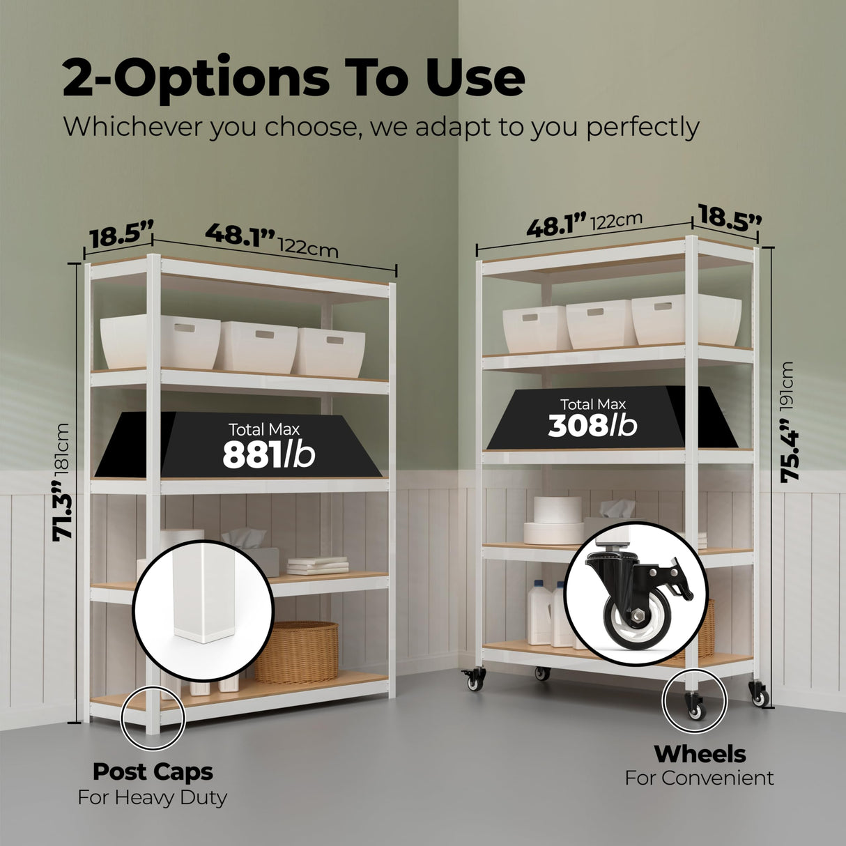 HOMEDANT House White 5-Tier Metal Boltless Rolling Cart Shelf Rack Casters Heavy Duty Wheel Shelving Unit Adjustable Storage Shelves Organizer Shelf Kitchen Garage 48.1" W x 18.5" D x 75.4" H 1Pack HOMEDANT