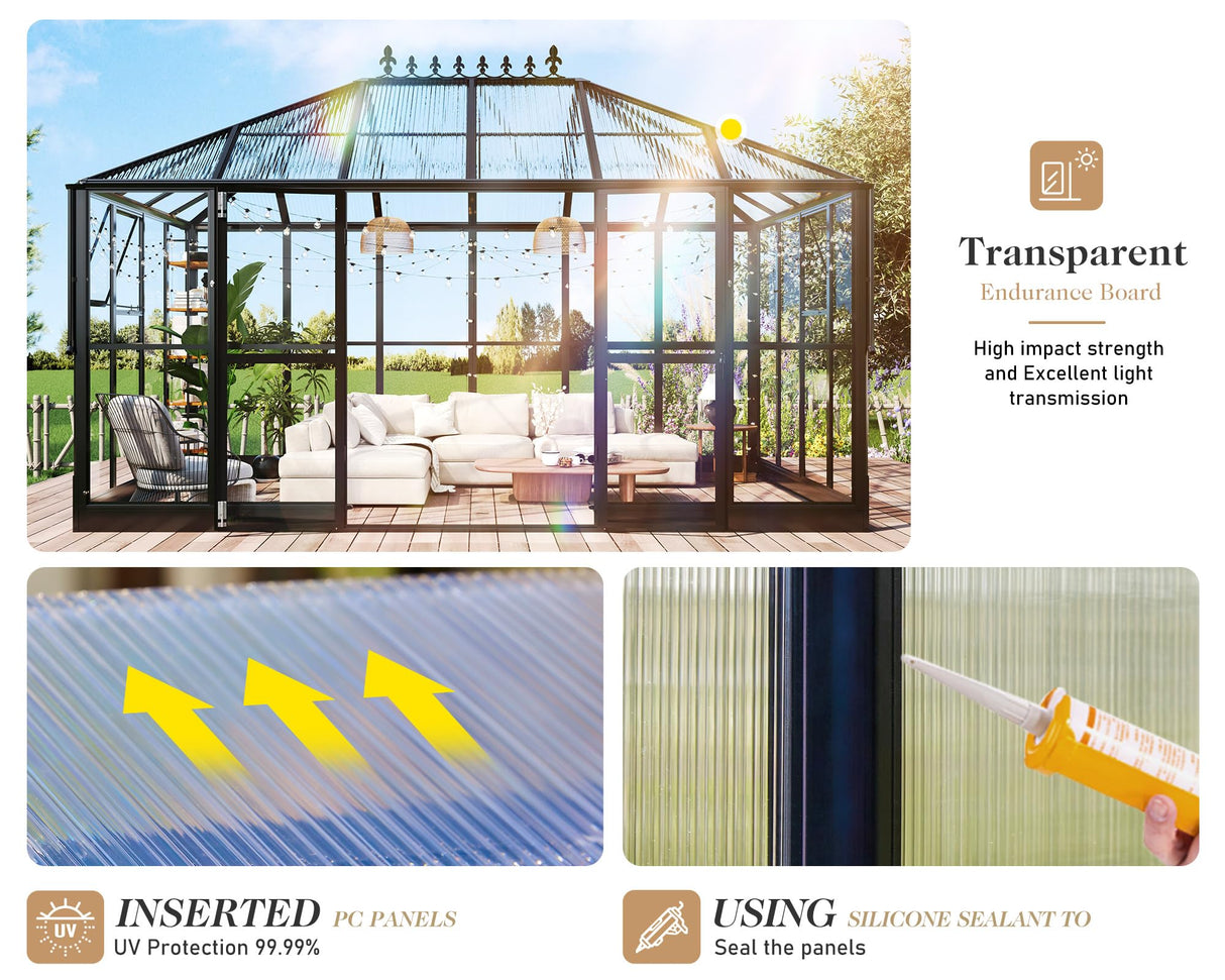 HOWE 14x9.5x9 FT Pavilion Styled Greenhouse with Clear Panels Double Swing Doors, 6 FT Wall Height Hybrid Polycarbonate Greenhouse, Green Houses for Outdoors, Sunroom Black HOWE