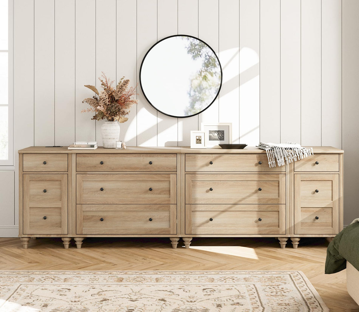 WAMPAT Dresser for Bedroom with 8 Drawers and 2 Storages, Nightstands with Charging Station for Living Room, Oak Kids Dressers with Wide 3 Chest of Drawers, for Nursery, Hallway WAMPAT