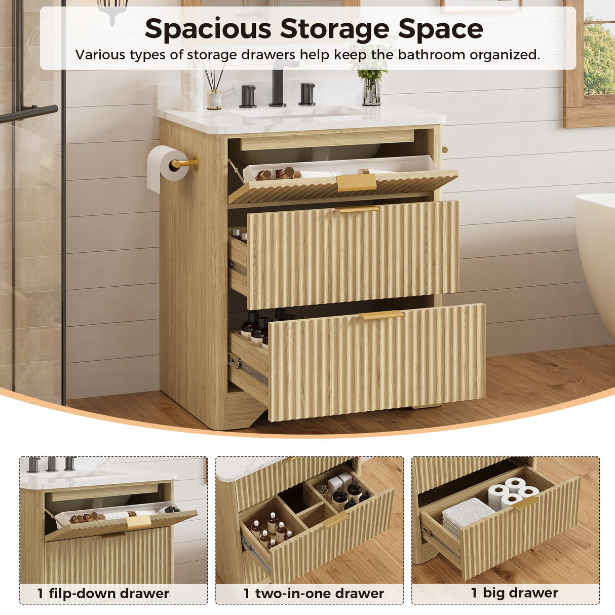 IRONCK 30" Bathroom Vanity with Ceramic Sink, Freestanding Bathroom Sink Cabinet with 2 Drawers & 1 Flip-Down Drawer, Wood Grain Texture, Farmhouse IRONCK