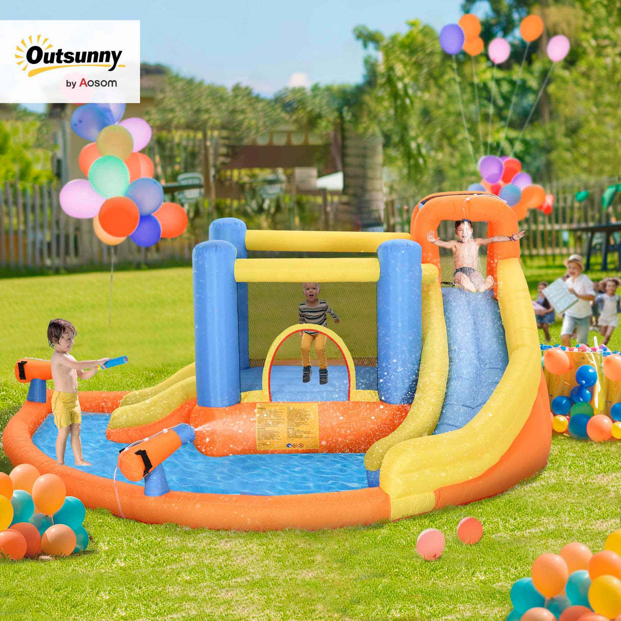 Outsunny 5-in-1 Kids Inflatable Bounce House Jumping Castle with Water Pool, Slide, Climbing Walls, & 2 Water Guns, Orange, Blue, Yellow Outsunny