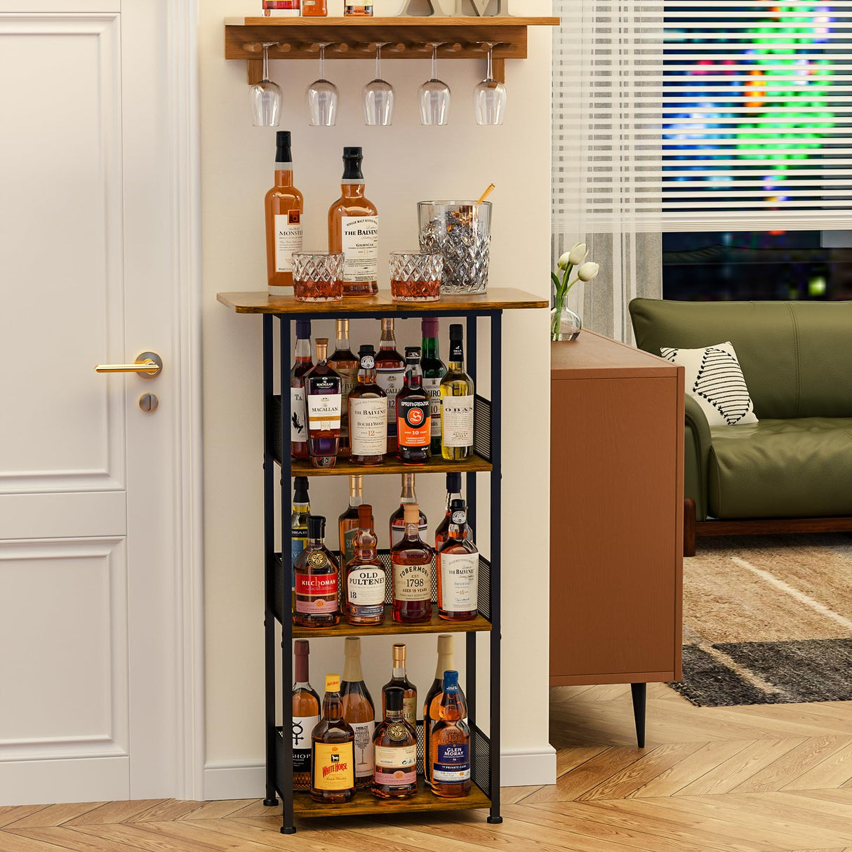 Eyteenokk Wine Rack Freestanding Floor:4 Tier Whiskey Wine Rack Mini Bar Cart,Liquor Cabinet-Home Bar for Bottles,Cocktail Shaker,Mugs-(23.6 * 11.8 * 40inch) Eyteenokk