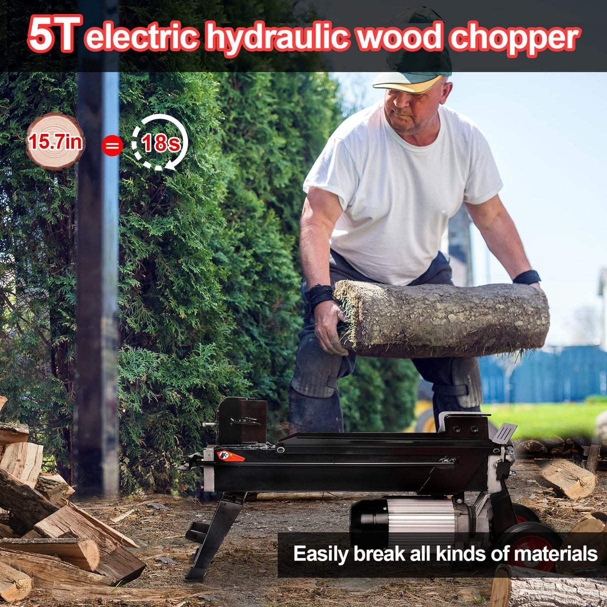 AESRAOU Electric Log Splitter 5 Ton Wood Splitter Hydraulic Ram Electric Firewood Splitter with Steel Wedges AESRAOU