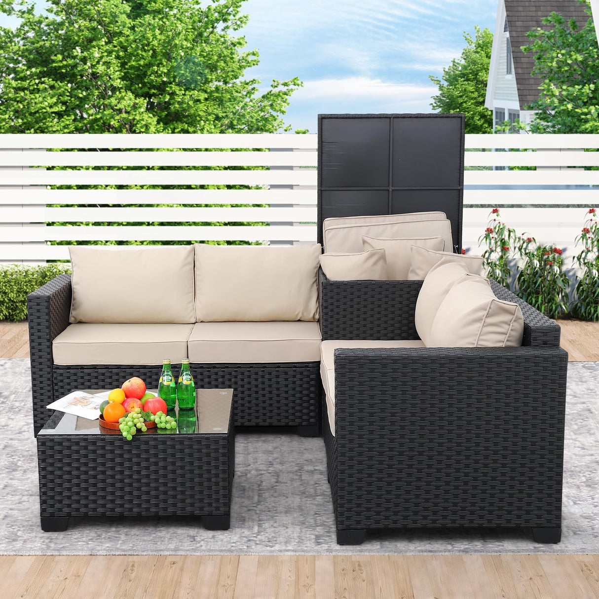 WAROOM Outdoor PE Wicker Patio Furniture Set 4 Piece Black Rattan Sectional Sofa Conversation Couch Sets with Storage Box Glass Top Table and Anti-Slip Khaki Cushion WAROOM